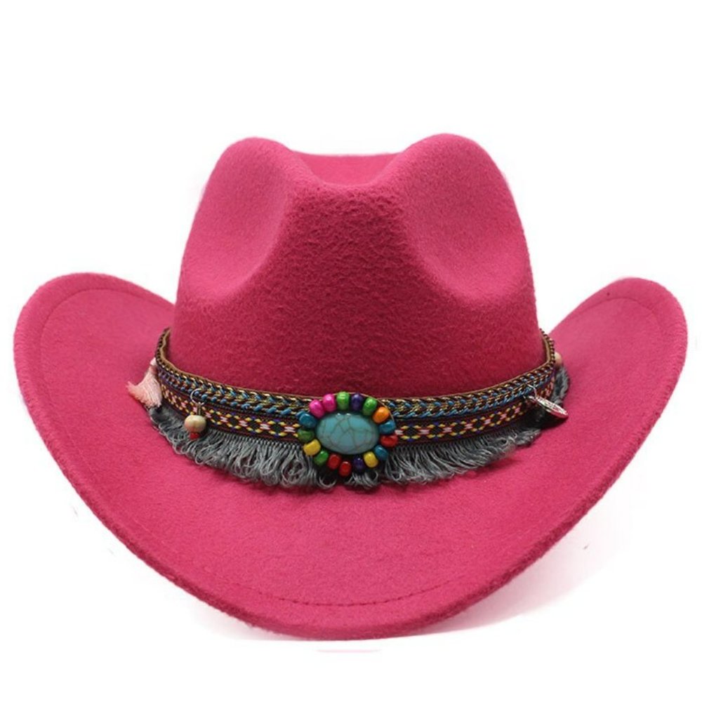 Pink Western Cowboy, Cowgirl Hat, Bead‎ Tassle Strap, Men Women Retro Wide Brim